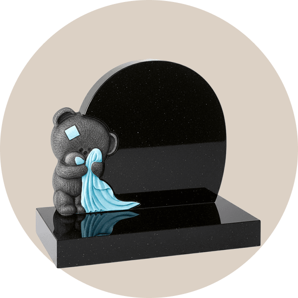 Round Black Granite Children Headstone with Teddy