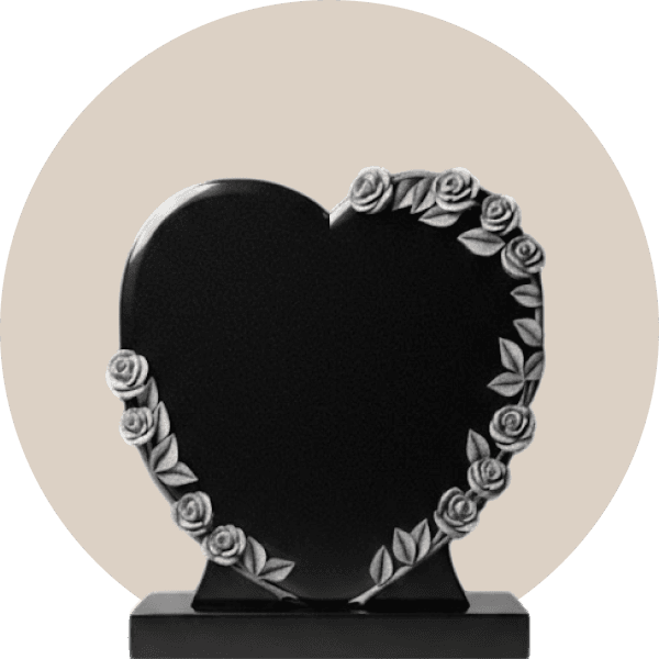Black Granite Rose Carved Heart Headstone