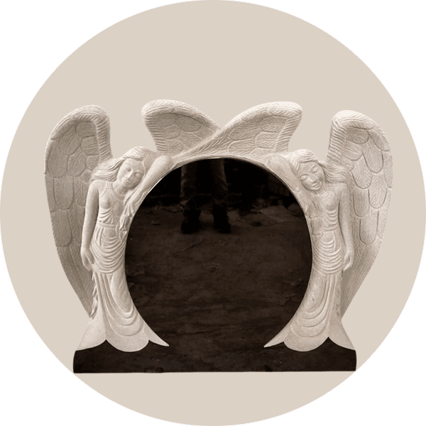 Black Granite Circular Headstone with Two Hand-Carved Angels