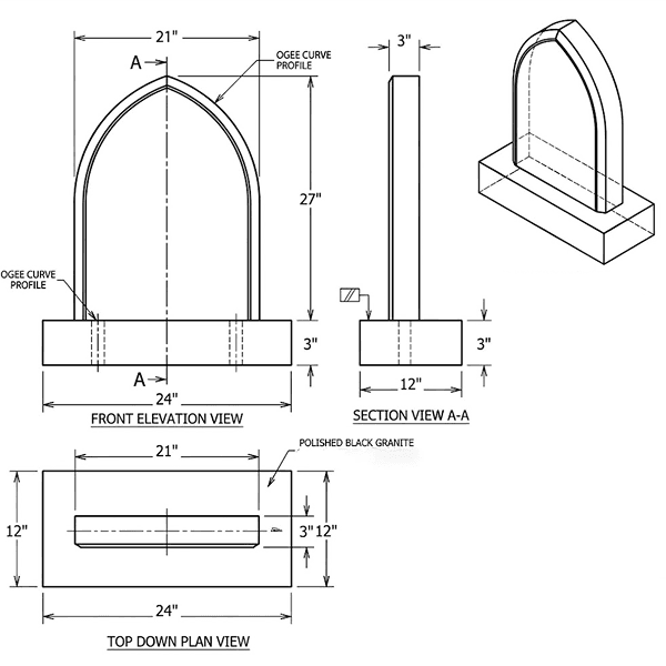 Black Granite Gothic Arch Shape Headstone