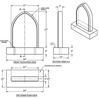 Polished Black Granite Classic Gothic Top Headstone thumbnail