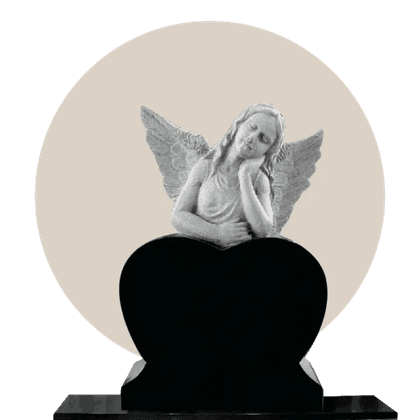 angel wings headstone with black granite heart shape